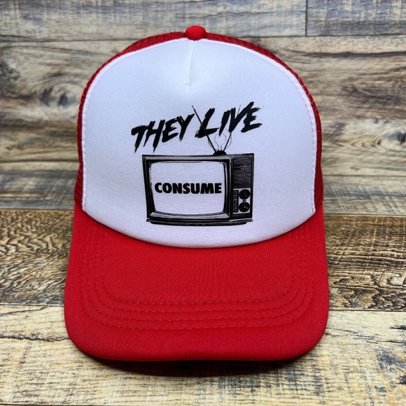 They Live John Carpenter Consume Mens Trucker Hat Red Snapback Horror Ball Cap - Picture 2 of 8